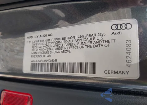 2022 Audi A4 Premium Plus 45 Tfsi S Line Quattro S Tronic from USA, damaged, VIN WAUEAAF45NN005088
